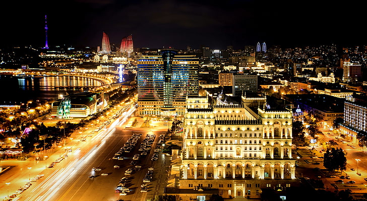 high-rise building, night, Azerbaijan, Baku, cityscape, famous Place, HD wallpaper