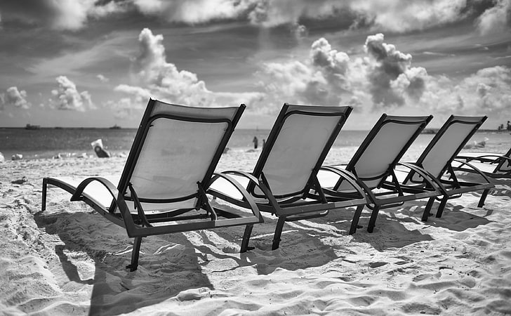 Bavaro Beach, Punta Cana, Dominican Republic, chaise lounge grayscale photography