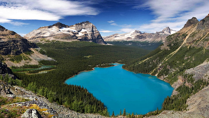 Banff National Park, Canada, lake, mountain, sky, grass, top view, HD wallpaper