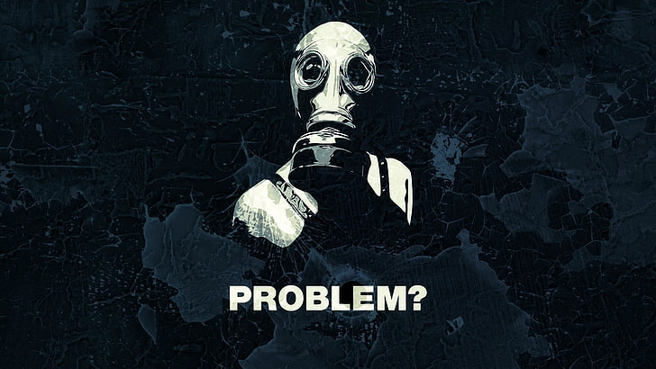 white mask with problem text overlay, quote, gas masks, human skeleton