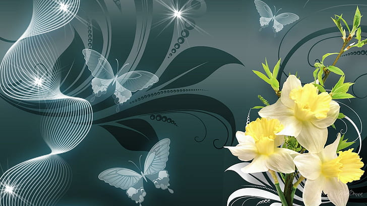 Narcissus On Teal, spring, firefox persona, smoke, summer, butterflies, HD wallpaper