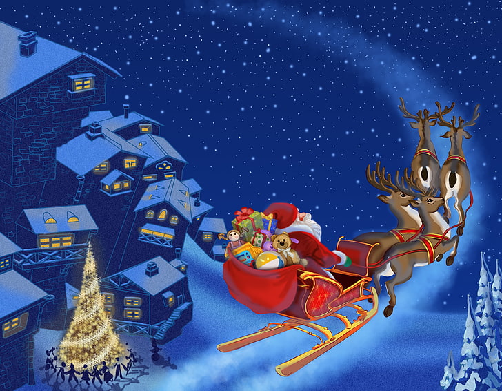 Santa Claus and Reindeer wallpaper, snow, the city, toys, tree, HD wallpaper