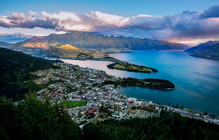aerial photo of a lakeside city, queenstown, queenstown, Air