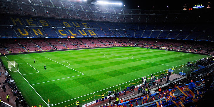green football field, soccer, stadium, FC Barcelona, Camp Nou, HD wallpaper