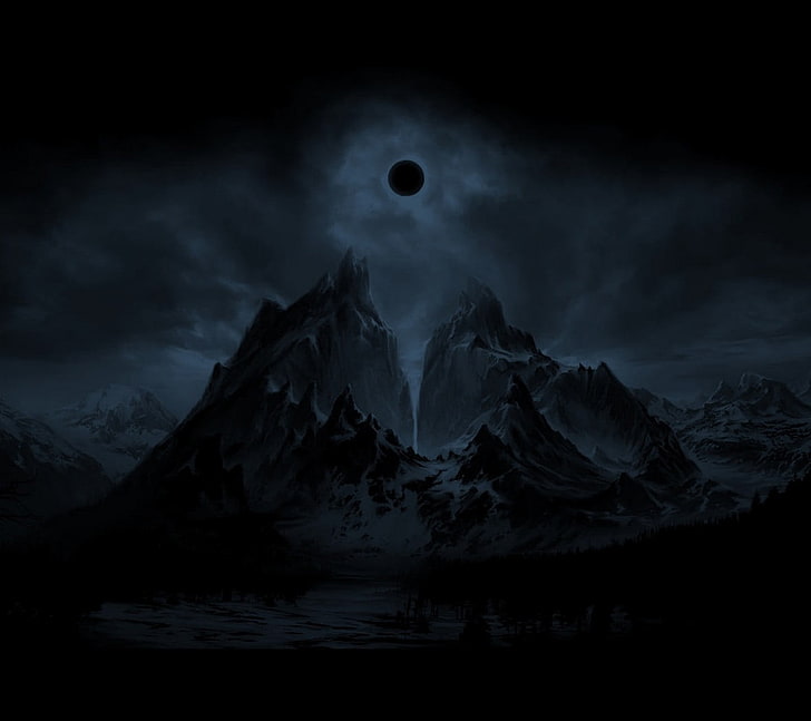 dark full moon digital wallpaper, mountains, eclipse , night