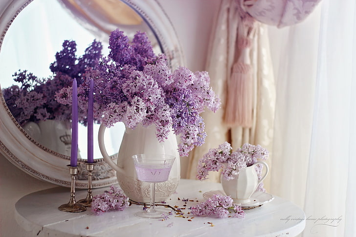 purple and white lilac flower arrangement, flowers, candles, still life