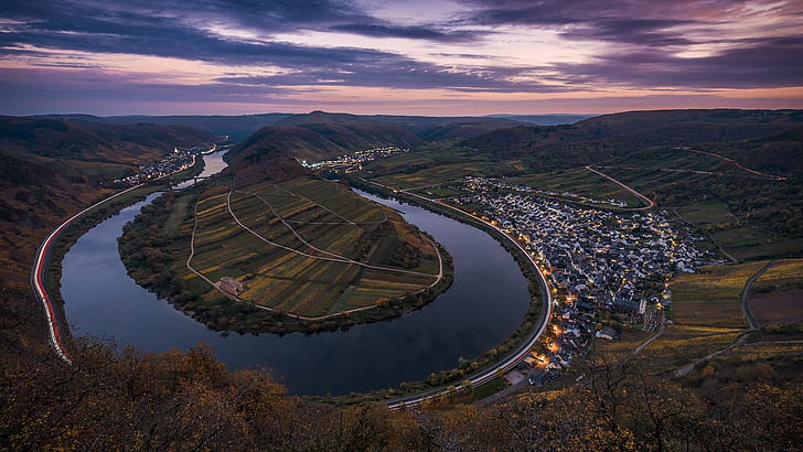 dawn, rhineland-palatinate, mosel river, mountain, panorama, HD wallpaper