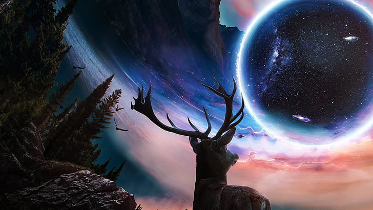 deer, planet, fantasy art, mountains, graphics, vision, cg artwork