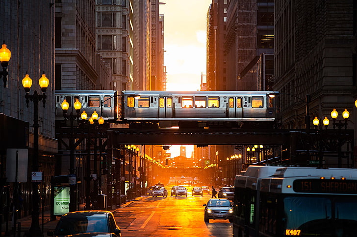 gray train, gray metro train during golden hour, city, street, HD wallpaper
