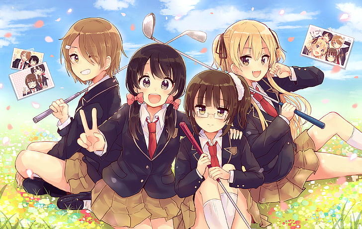 anime girls, friends, golf, petals, school uniform, smiling, HD wallpaper