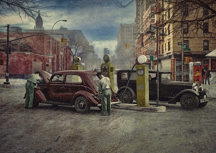 winter, the city, retro, people, cars, gas station, 1930