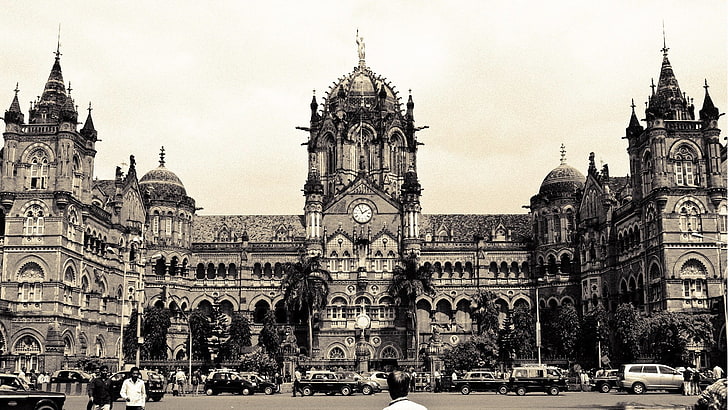 grayscale photo of cathedral, Mumbai, monochrome, old building, HD wallpaper