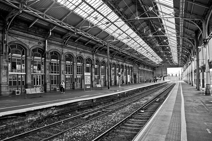 grayscale photo of train railing, monochrome, railway, architecture
