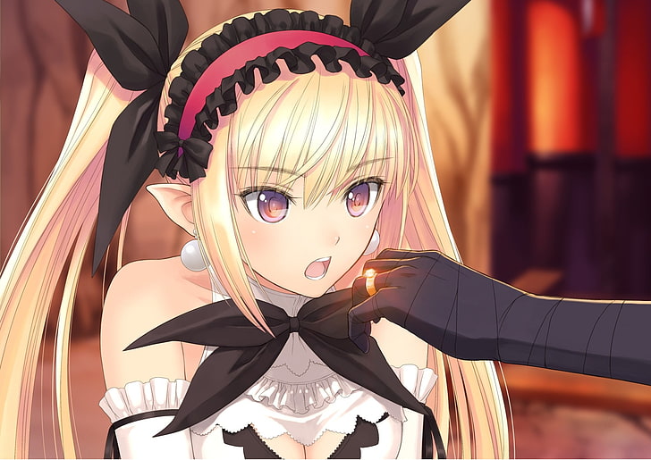 blonde, headdress, pointed ears, violet eyes, Tony Taka, twintails