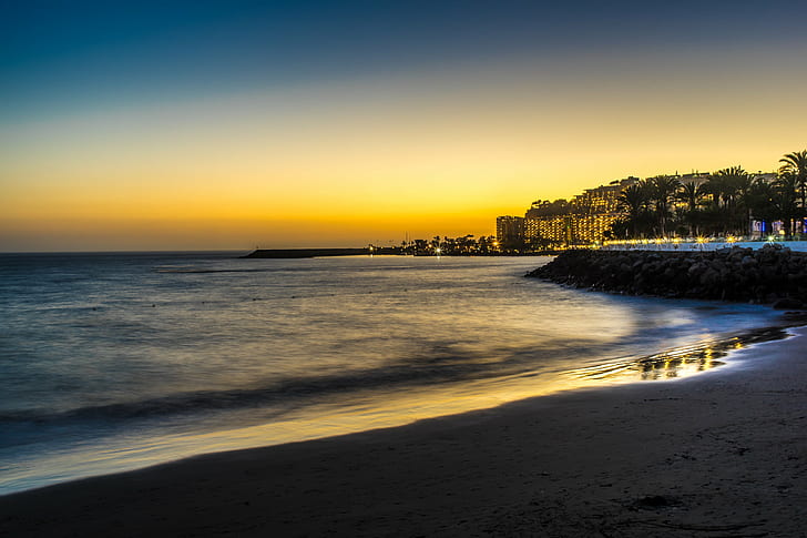 seashore during sunset, View, del Mar, beach, Gran Canaria, blue, HD wallpaper