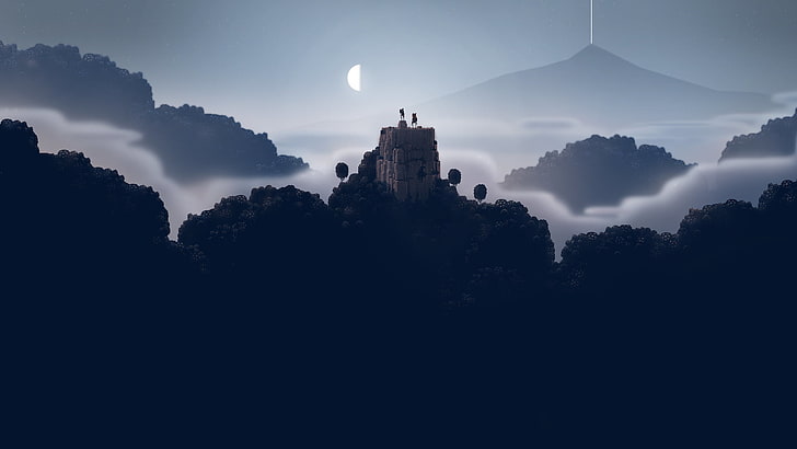 silhouette of castle, castle surrounded by trees, Moon, Superbrothers: Sword and Sorcery EP
