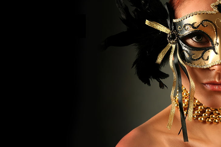 brown and black masquerade mask, look, girl, decoration, background