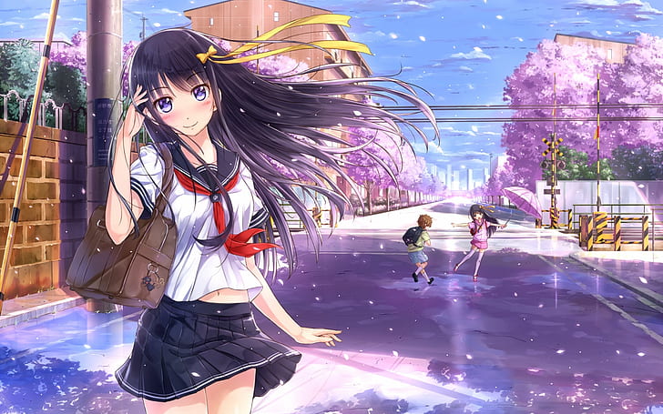 Smile anime girl, kids, street, sakura, HD wallpaper