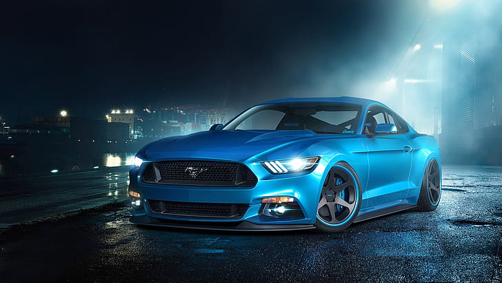 Ford Mustang GT blue supercar, blue ford mustang, HD wallpaper