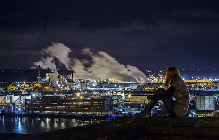 cityscape, night, women, industrial, building exterior, water