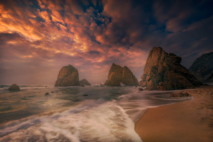 sunset, the ocean, rocks, coast, Portugal, The Atlantic ocean, HD wallpaper