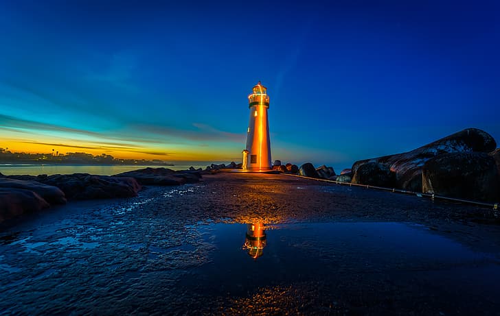 sea, sunset, stones, lighthouse, CA, California, Santa Cruz