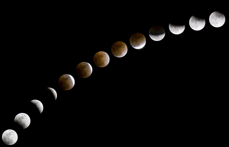 Moon, black background, sky, photography, lunar eclipses, collage, HD wallpaper