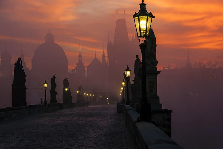 silhouette of post lamps, bridge, Prague, cityscape, lantern