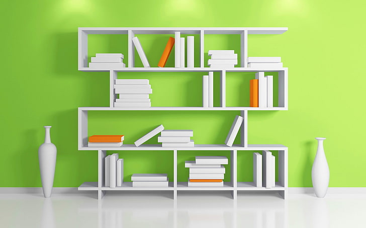 white wooden rack, wall, books, floor, shelf, vase, bookshelf