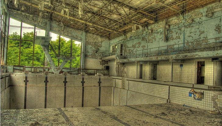 HDR, indoors, Chernobyl, swimming pool, ruin, architecture