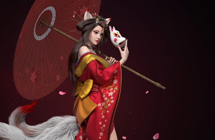 the dark background, umbrella, mask, geisha, tail, kimono, bow