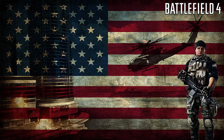 Battlefield 4 digital wallpaper, helicopters, American flag, USA, HD wallpaper