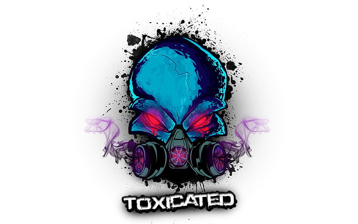 Toxicated skull logo, typography, gas masks, simple background, HD wallpaper