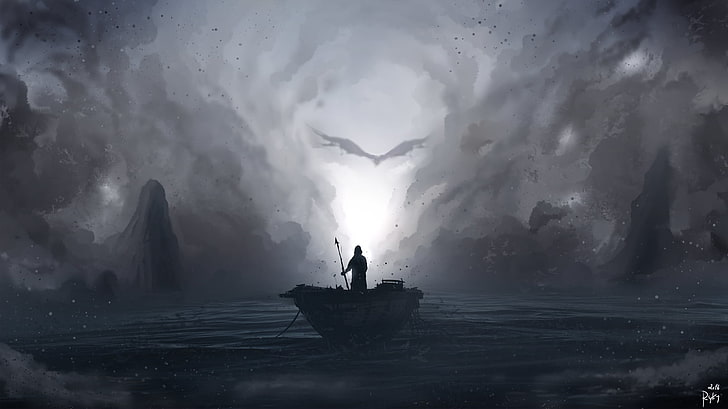 person on boat painting, digital art, landscape, dragon, drawing