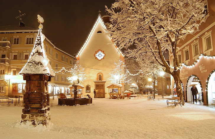 white concrete building, Christmas, snow, winter, night, tree