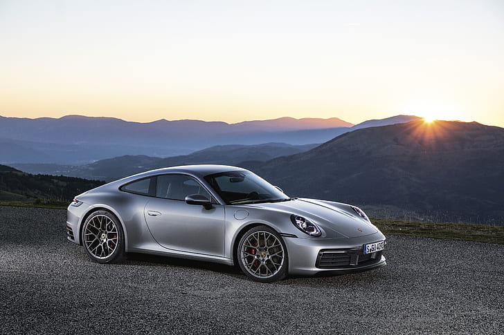 Porsche 911, sports car, landscape, numbers, silver cars, vehicle, HD wallpaper