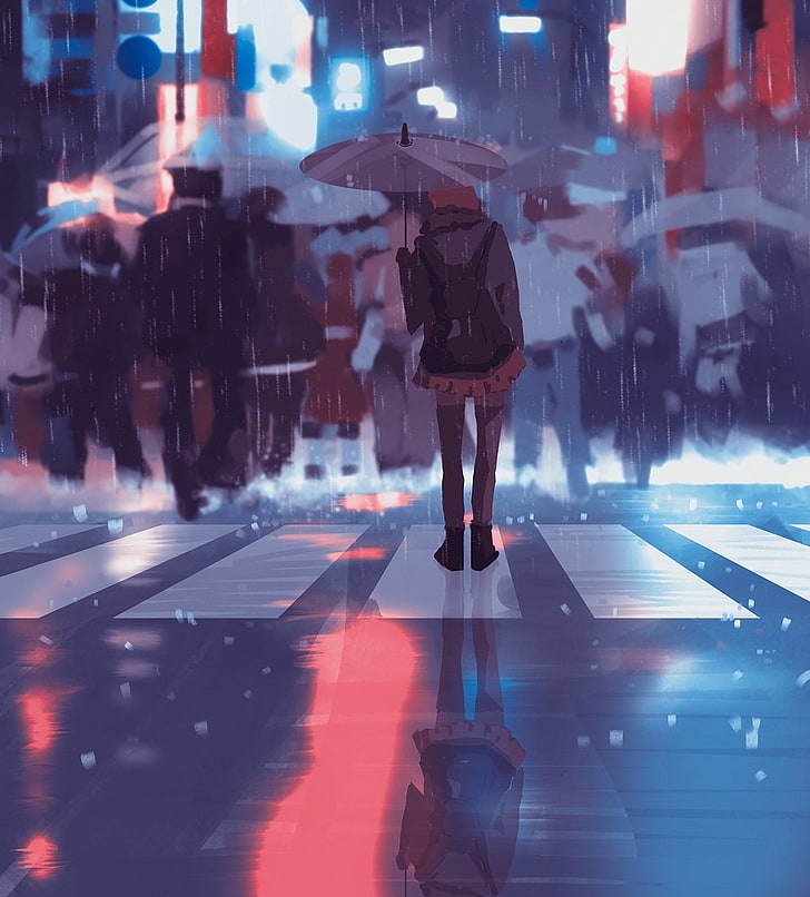 anime girls, digital art, artwork, city, umbrella, street, real people
