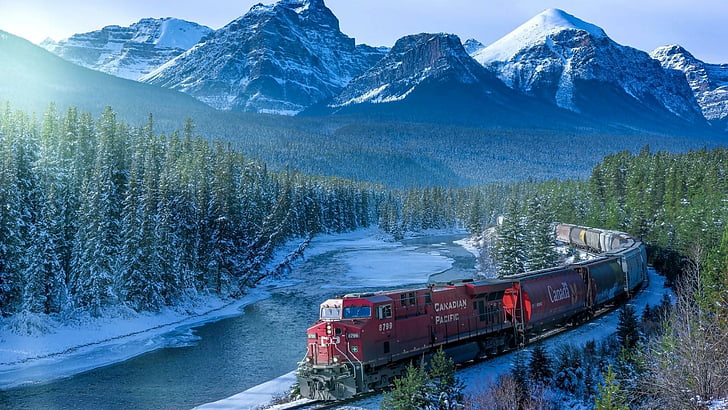 rail transport, bow river, national park, north america, banff national park, HD wallpaper