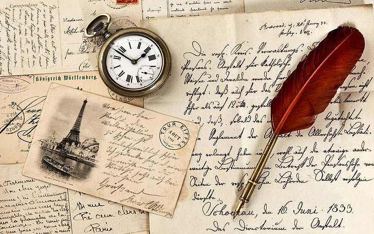 white and gold-colored pocket watch, vintage, old paper, pen