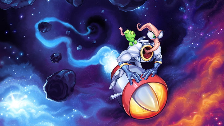 Earthworm Jim riding on gray and red rocket digital wallpaper