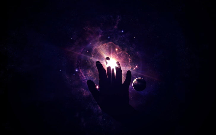 right person's hand, space, space art, hands, digital art, night