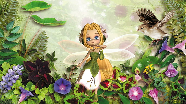 Tiny Spring Fairy, bird, flowers, morning glory, foliage, angel, HD wallpaper
