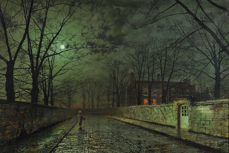 bare tress in an alley at nighttime painting, John Atkinson Grimshaw