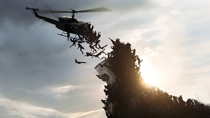 World War Z movie still screenshot, zombies, helicopters, movies