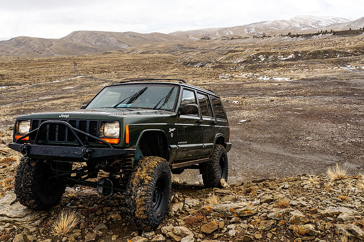 black Jeep Cherokee SUV, mountains, stones, the roads, American