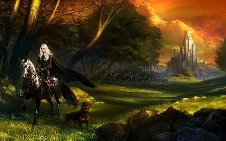 warrior women white hair artwork fantasy art knights dog horse army castle forest trees armor cloaks, HD wallpaper
