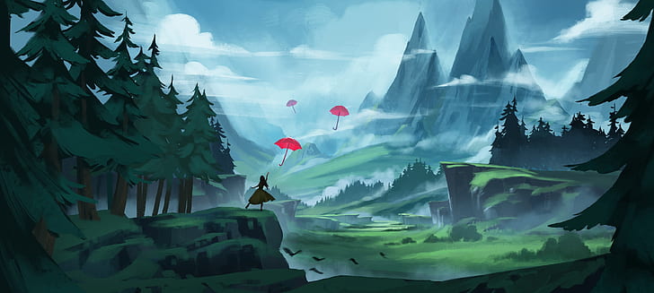 illustration, women, landscape, mountains, forest, umbrella, HD wallpaper