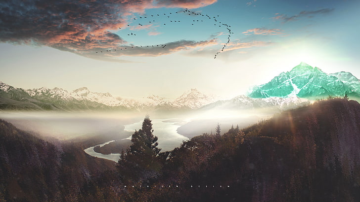 flying birds over river and mountain ranges wallpaper, photo manipulation