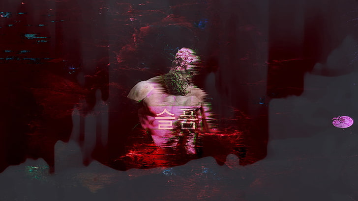 vaporwave, statue, one person, red, nature, standing, reflection