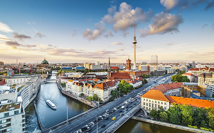 cityscape, building, river, bridge, car, boat, Berlin, Fernsehturm